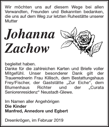 Traueranzeige von Johanna Zachow von Ludwigsluster Tageblatt