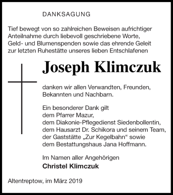 Traueranzeige von Joseph Klimczuk von Neubrandenburger Zeitung