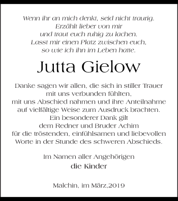 Traueranzeige von Jutta Gielow von Mecklenburger Schweiz