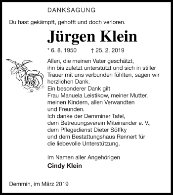 Traueranzeige von Jürgen Klein von Demminer Zeitung