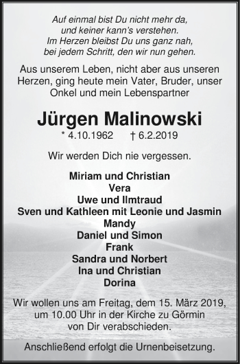 Traueranzeige von Jürgen Malinowski von Vorpommern Kurier