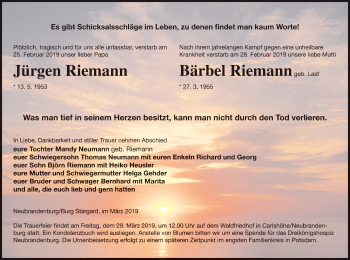 Traueranzeige von Jürgen Riemann von Haff-Zeitung