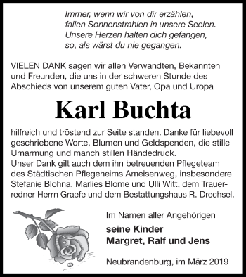 Traueranzeige von Karl Buchta von Neubrandenburger Zeitung