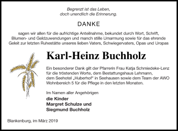 Traueranzeige von Karl-Heinz Buchholz von Prenzlauer Zeitung