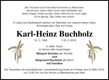 Traueranzeige von Karl-Heinz Buchholz von Prenzlauer Zeitung