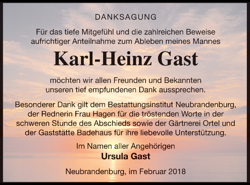  Traueranzeige für Karl-Heinz Gast vom 13.03.2019 aus Neubrandenburger Zeitung