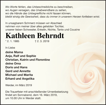 Traueranzeige von Kathleen Behrndt von Neubrandenburger Zeitung