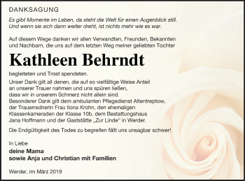 Traueranzeige von Kathleen Behrndt von Neubrandenburger Zeitung