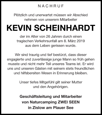 Traueranzeige von Kevin Scheinhardt von Müritz-Zeitung