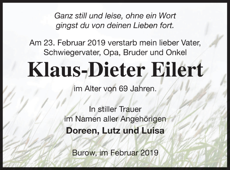  Traueranzeige für Klaus-Dieter Eilert vom 01.03.2019 aus Neubrandenburger Zeitung