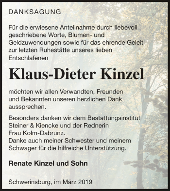 Traueranzeige von Klaus-Dieter Kinzel von Vorpommern Kurier