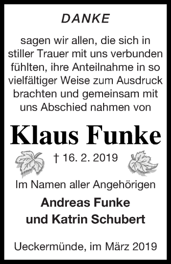 Traueranzeige von Klaus Funke von Haff-Zeitung