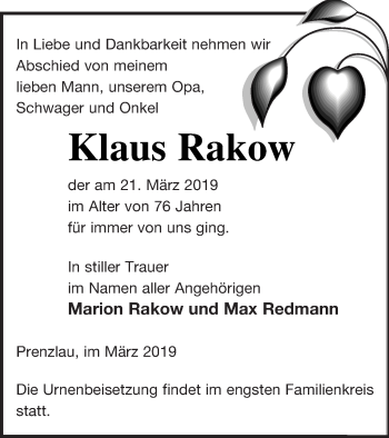 Traueranzeige von Klaus Rakow von Prenzlauer Zeitung