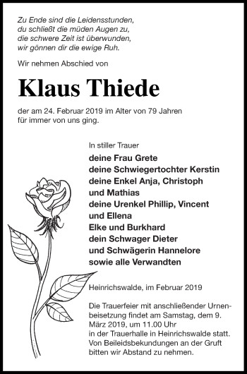 Traueranzeige von Klaus Thiede von Haff-Zeitung