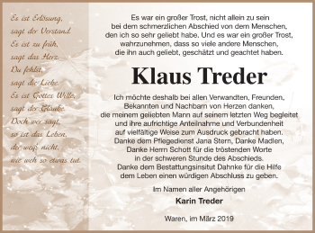Traueranzeige von Klaus Treder von Müritz-Zeitung