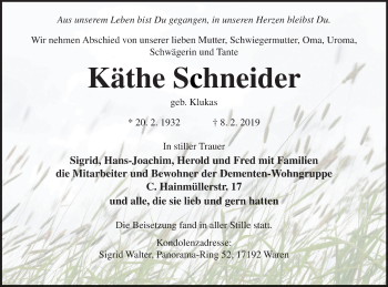 Traueranzeige von Käthe Schneider von Vorpommern Kurier