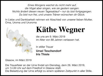 Traueranzeige von Käthe Wegner von Pasewalker Zeitung