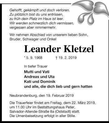 Traueranzeige von Leander Kletzel von Neubrandenburger Zeitung