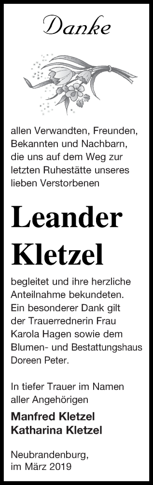 Traueranzeige von Leander Kletzel von Neubrandenburger Zeitung