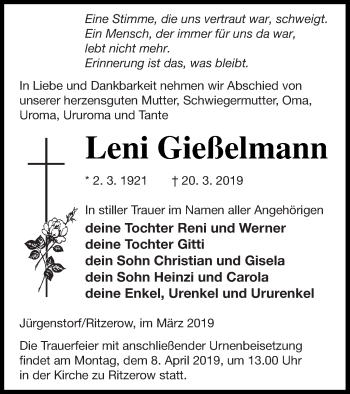 Traueranzeige von Leni Gießelmann von Mecklenburger Schweiz