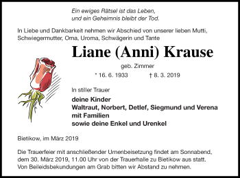 Traueranzeige von Liane Krause von Prenzlauer Zeitung