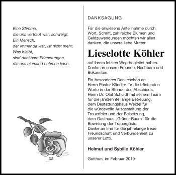 Traueranzeige von Lieselotte Köhler von Müritz-Zeitung