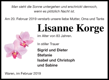 Traueranzeige von Lisanne Korge von Müritz-Zeitung