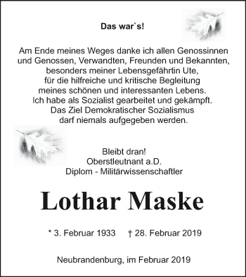 Traueranzeige von Lothar Maske von Neubrandenburger Zeitung