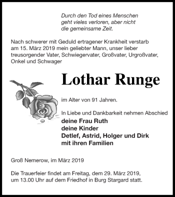 Traueranzeige von Lothar Runge von Neubrandenburger Zeitung