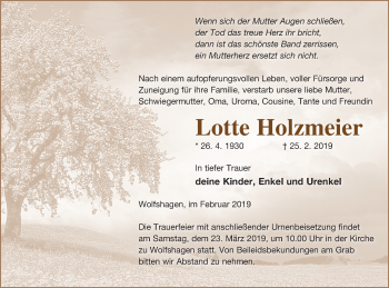 Traueranzeige von Lotte Holzmeier von Prenzlauer Zeitung