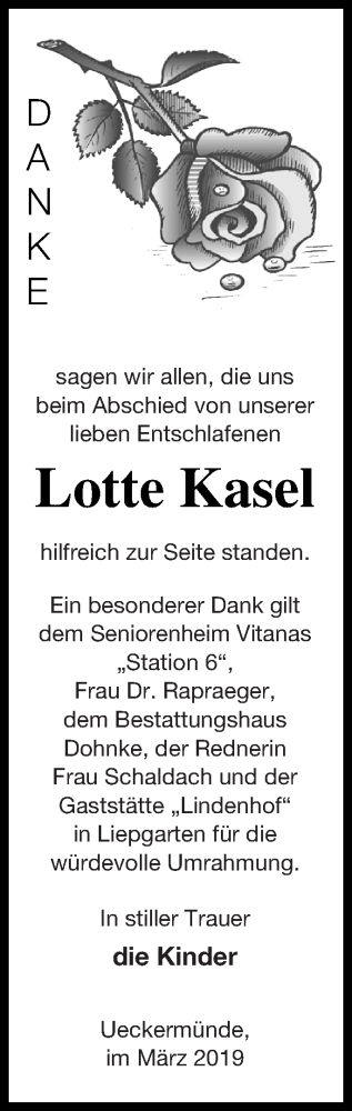 Traueranzeige von Lotte Kasel von Haff-Zeitung