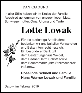 Traueranzeige von Lotte Lowak von Müritz-Zeitung