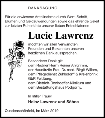 Traueranzeige von Lucie Lawrenz von Neubrandenburger Zeitung