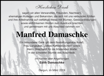 Traueranzeige von Manfred Damaschke von Mecklenburger Schweiz