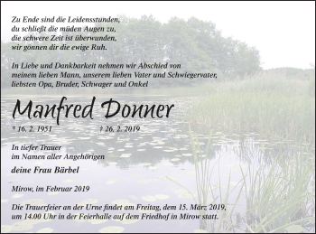 Traueranzeige von Manfred Donner von Mecklenburger Schweiz