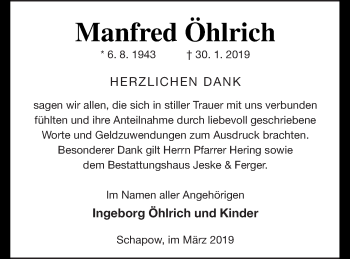 Traueranzeige von Manfred Öhlrich von Prenzlauer Zeitung