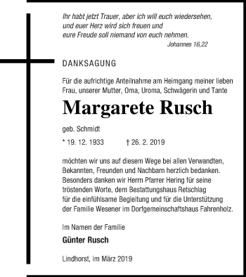 Traueranzeige von Margarete Rusch von Pasewalker Zeitung