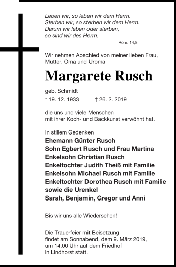 Traueranzeige von Margarete Rusch von Pasewalker Zeitung