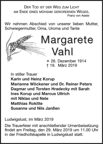 Traueranzeige von Mar gar ete Vahl von Ludwigsluster Tageblatt