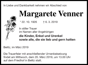 Traueranzeige von Margarete Venner von Mecklenburger Schweiz