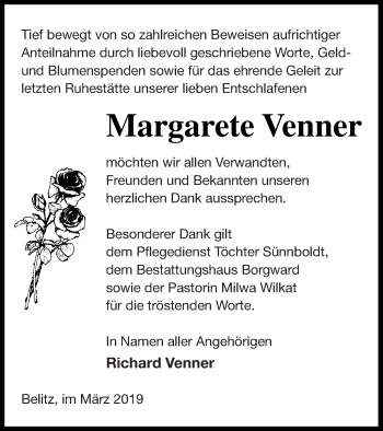 Traueranzeige von Margarete Venner von Mecklenburger Schweiz