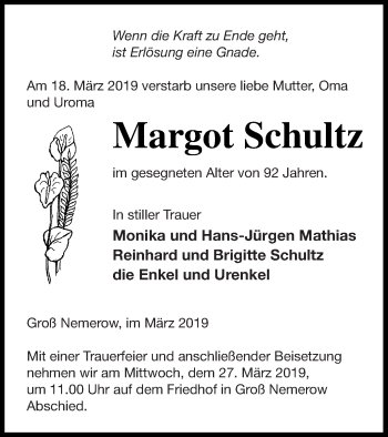 Traueranzeige von Margot Schultz von Neubrandenburger Zeitung