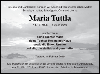 Traueranzeige von Maria Tuttla von Mecklenburger Schweiz