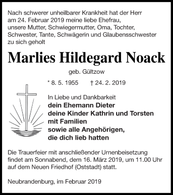 Traueranzeige von Marlies Hildegard Noack von Neubrandenburger Zeitung