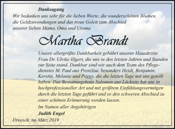 Traueranzeige von Martha Brandt von Prenzlauer Zeitung