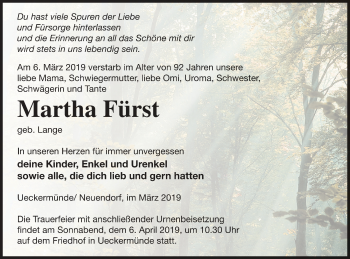 Traueranzeige von Martha Fürst von Haff-Zeitung