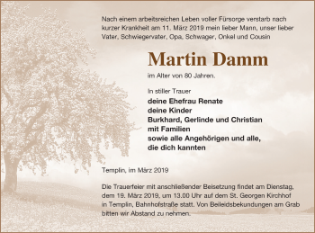 Traueranzeige von Martin Damm von Templiner Zeitung