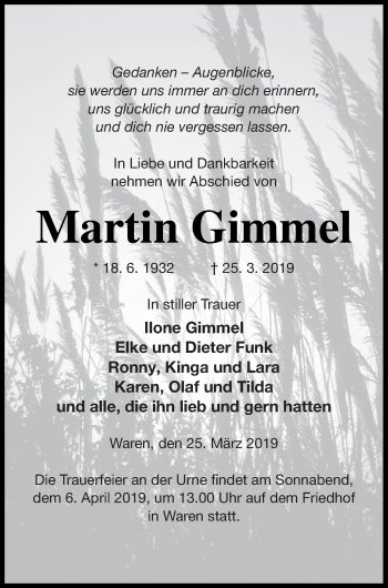 Traueranzeige von Martin Gimmel von Müritz-Zeitung