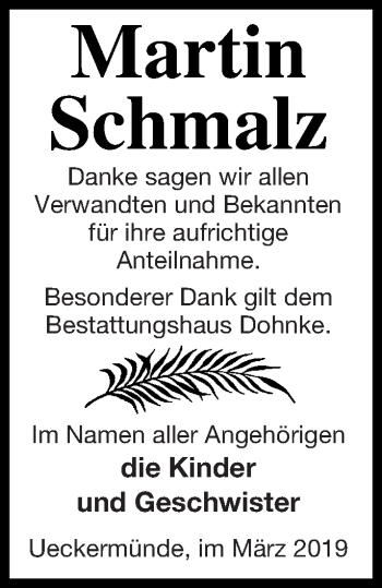 Traueranzeige von Martin Schmalz von Haff-Zeitung