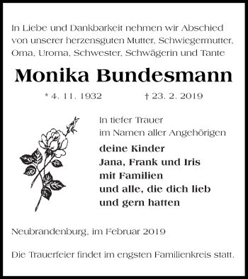 Traueranzeige von Monika Bundesmann von Neubrandenburger Zeitung